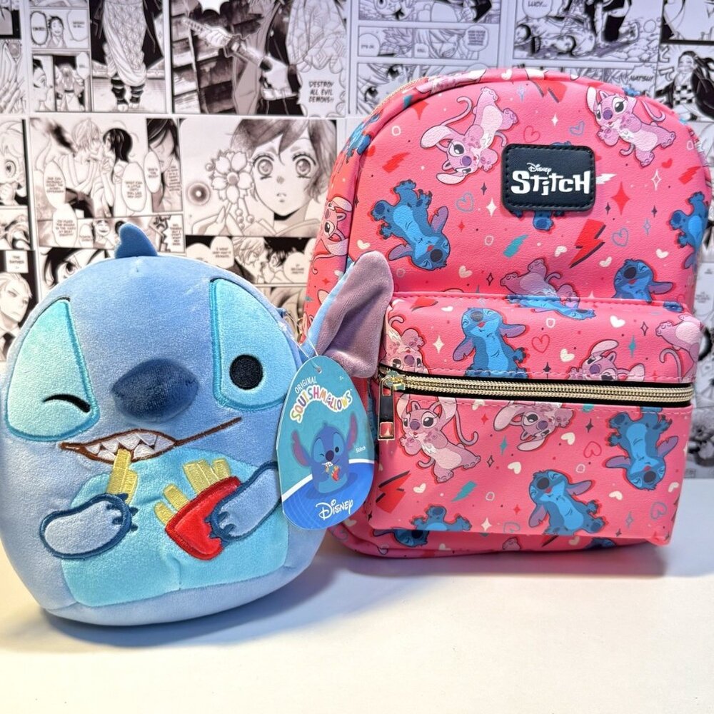 Stitch & Angel Bioworld Pink Backpack and a 7” Stitch Squishmallow Gift Bundle
